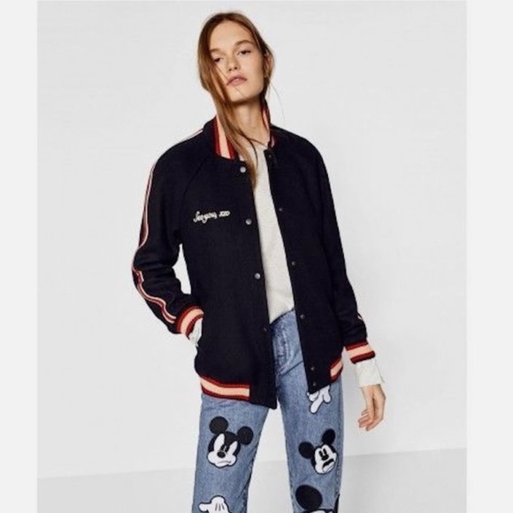 ZARA wool embroidered short jacket baseball jacket-black-Size L NWT - Picture 3 of 14